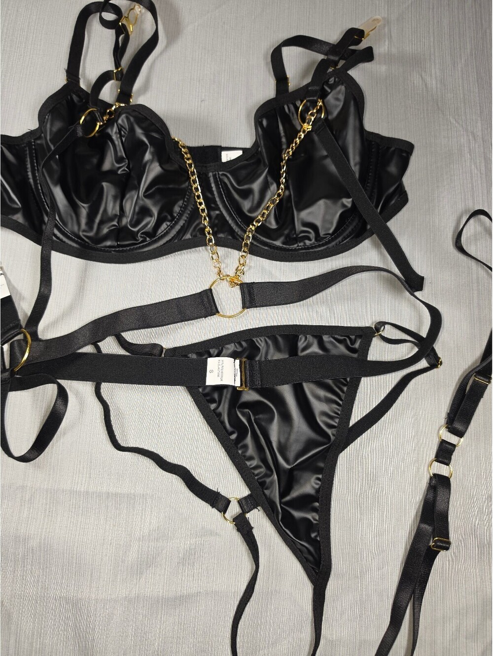 Lilosy New Black Strappy Lingerie Set with Gold Chain Size S – Original Bag